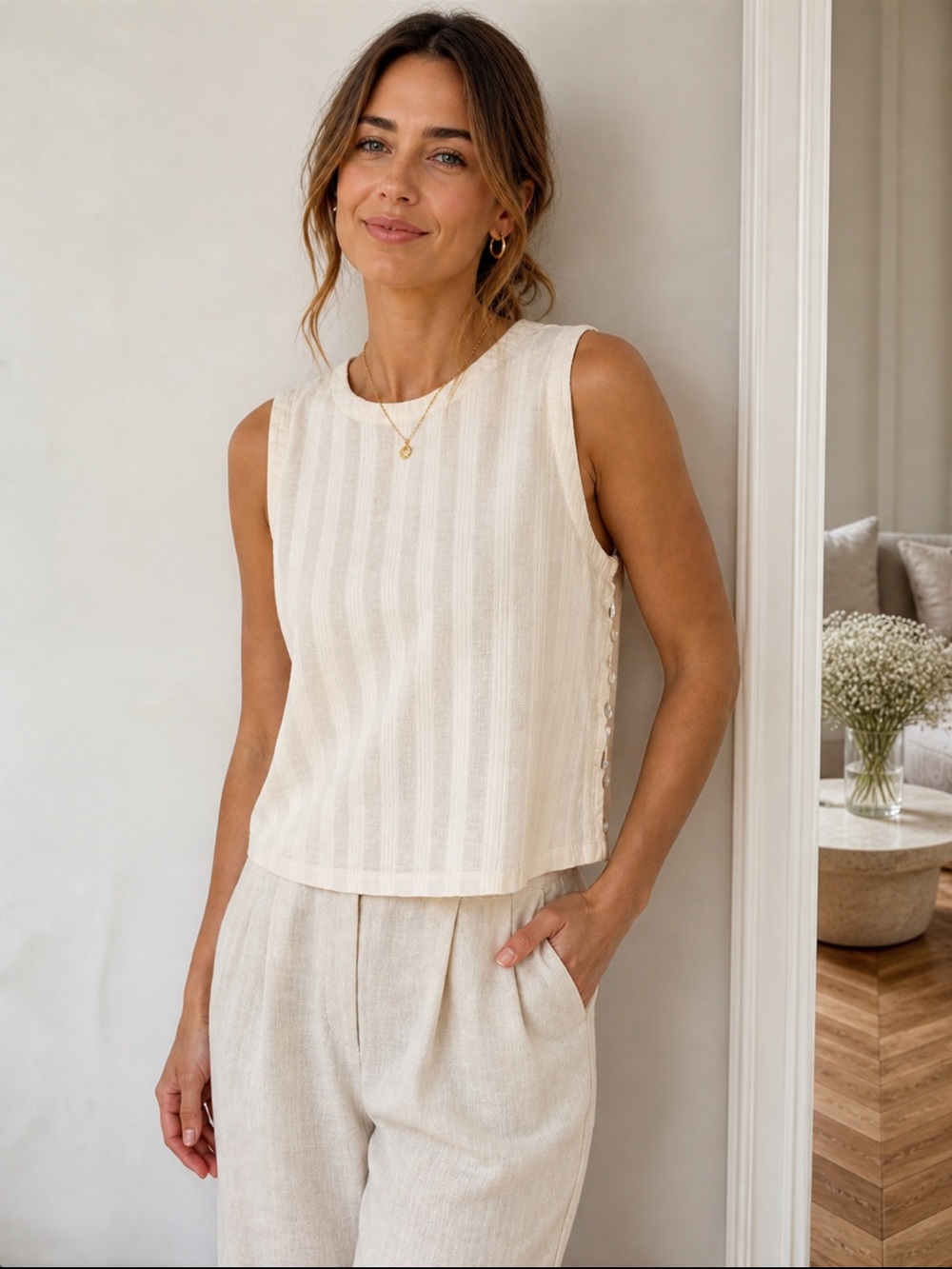 AMO Cream Sleeveless Linen-Blend Shell Top